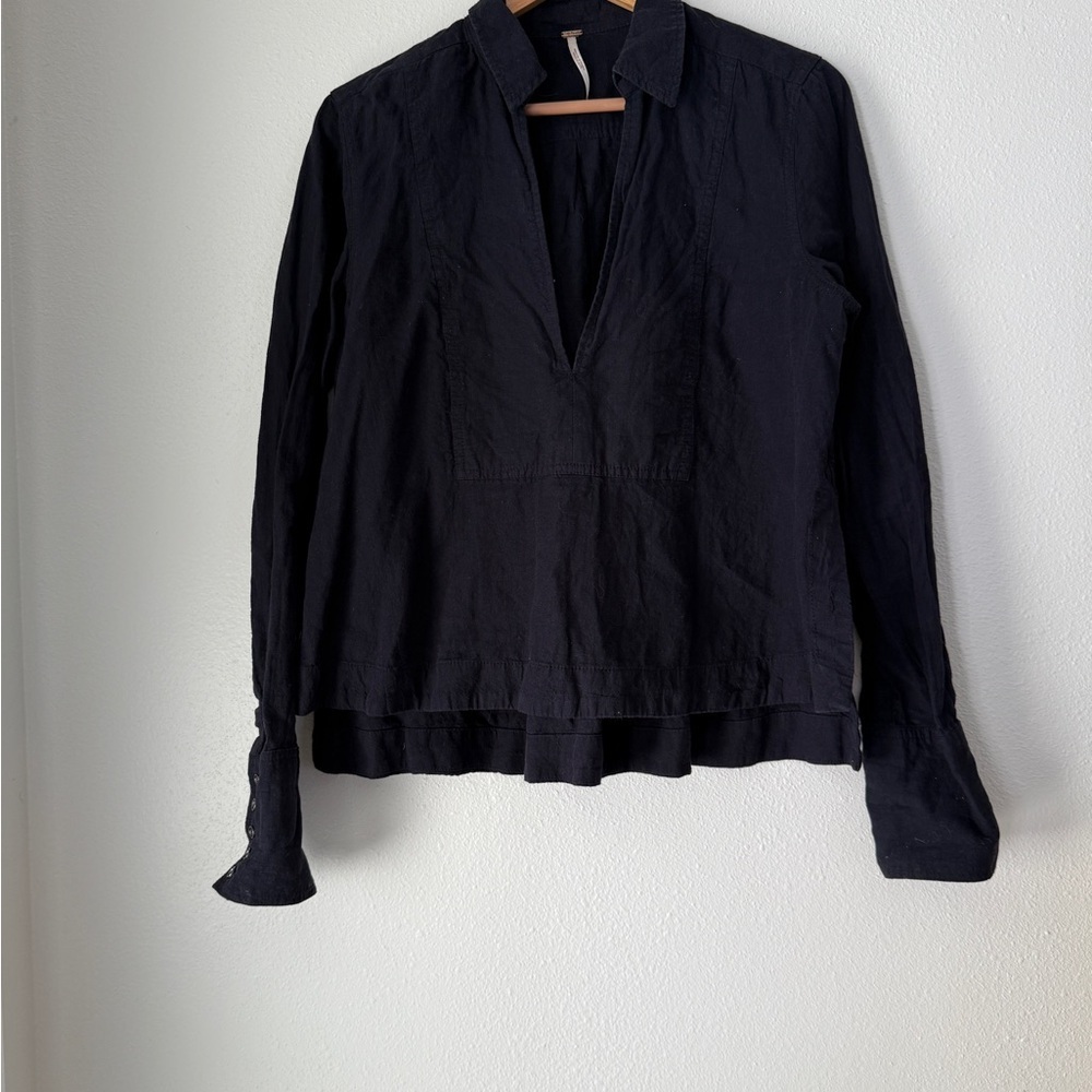 FREE PEOPLE Linen Blend Black Top Oversized Long Sleeve  Collared